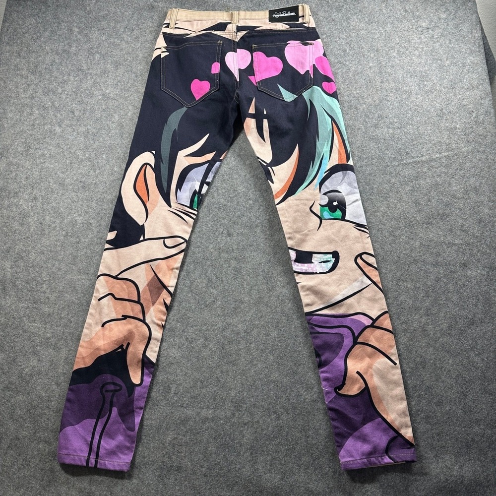 Noralache Anime Graphic Print Jeans 28 Tan Multicolor Slim Fit Streetwear